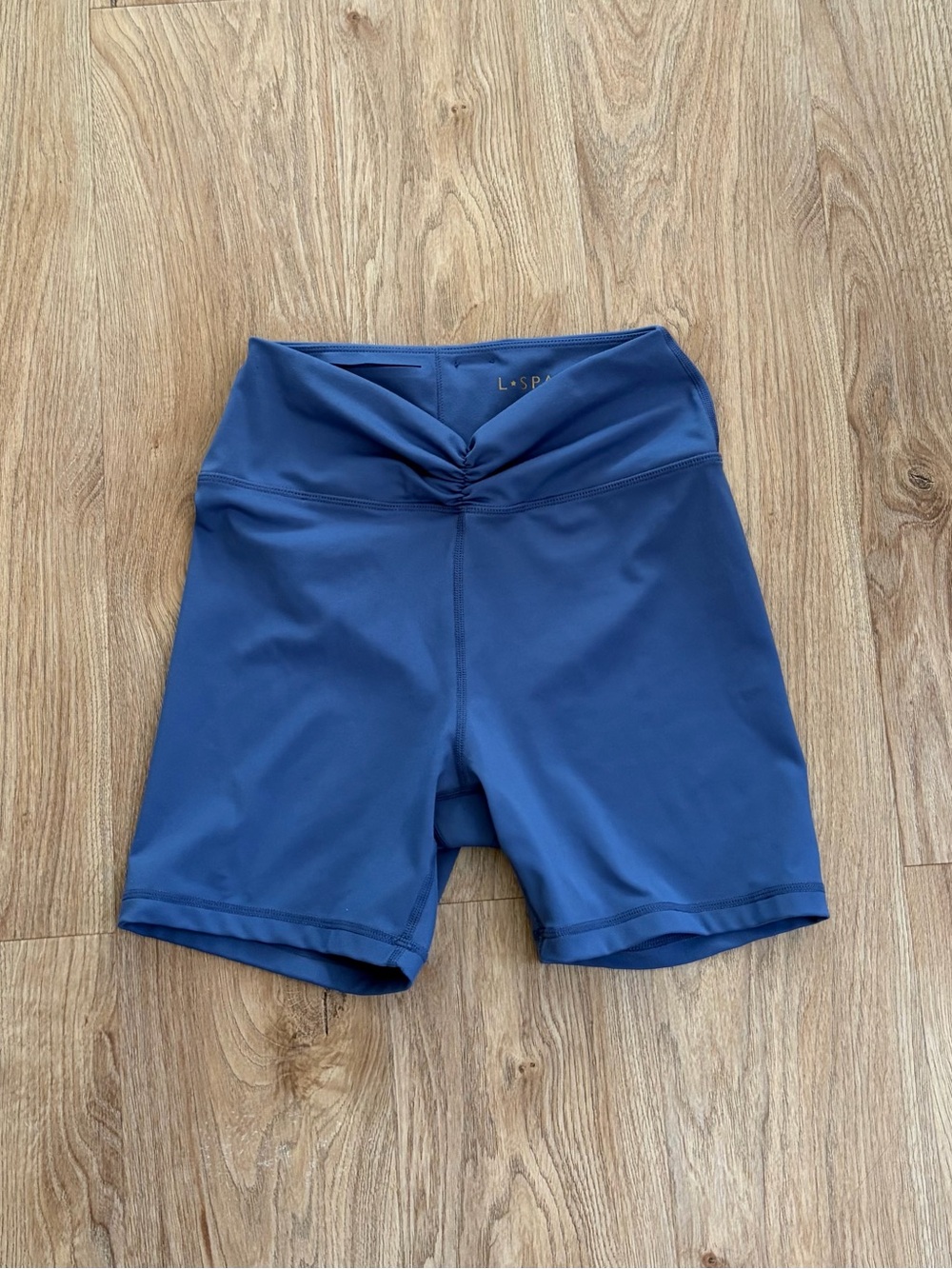 L*space Blue High-Waist Ruched Bike Workout Shorts Buttery Soft Comfy Like New